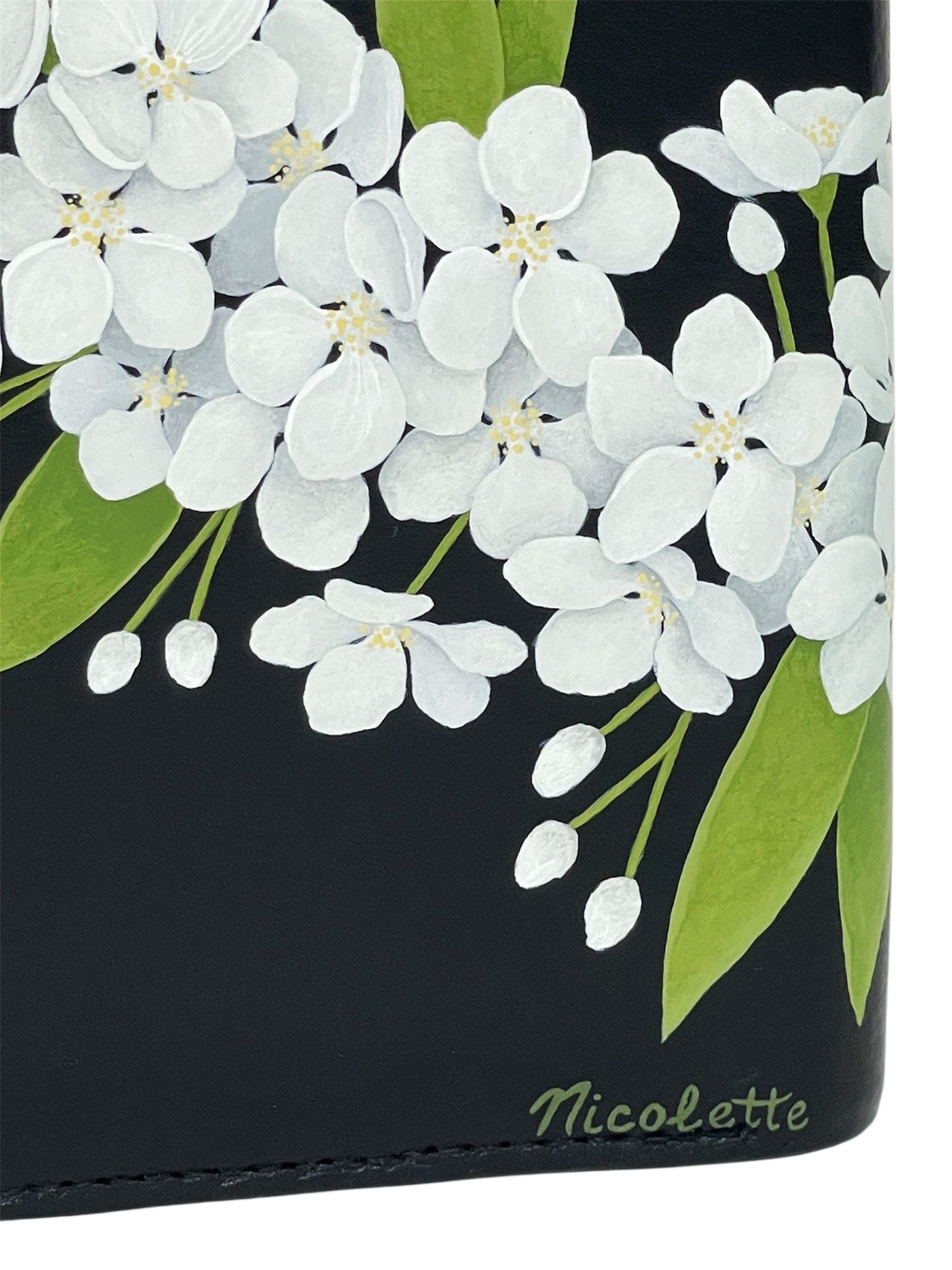Black Leather Bi-Fold Wallet- "White Thunderchild Crabapple Blossoms"