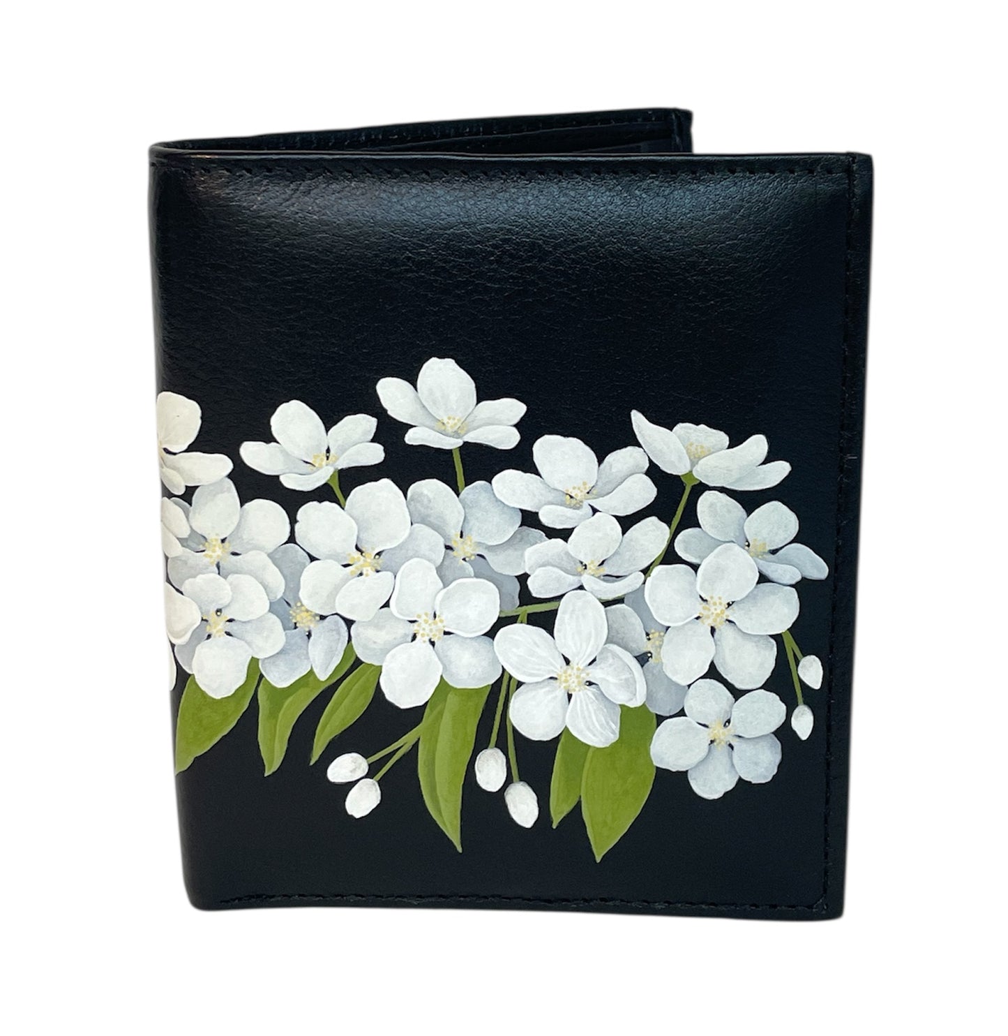 Black Leather Bi-Fold Wallet- "White Thunderchild Crabapple Blossoms"