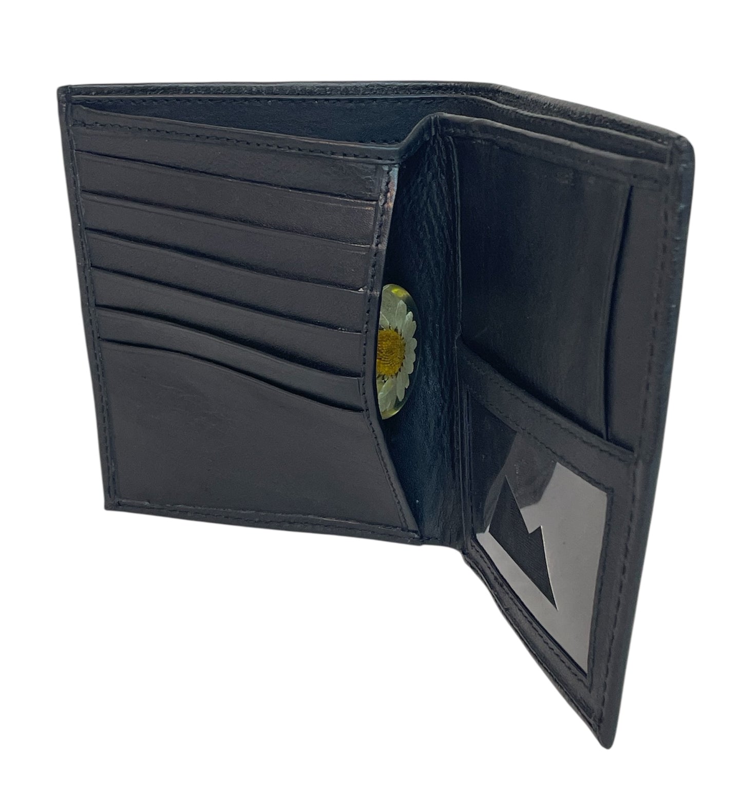 Black Leather Bi-Fold Wallet- "Meadowlark Perched in Sagebrush"
