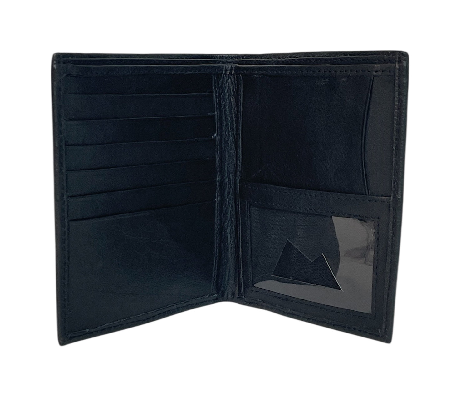 Black Leather Bi-Fold Wallet- "Chickadee Perched in Thunderchild Crabapple Blossoms"