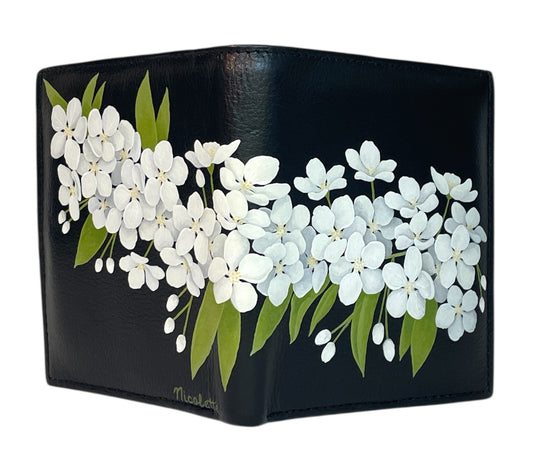 Black Leather Bi-Fold Wallet- "White Thunderchild Crabapple Blossoms"