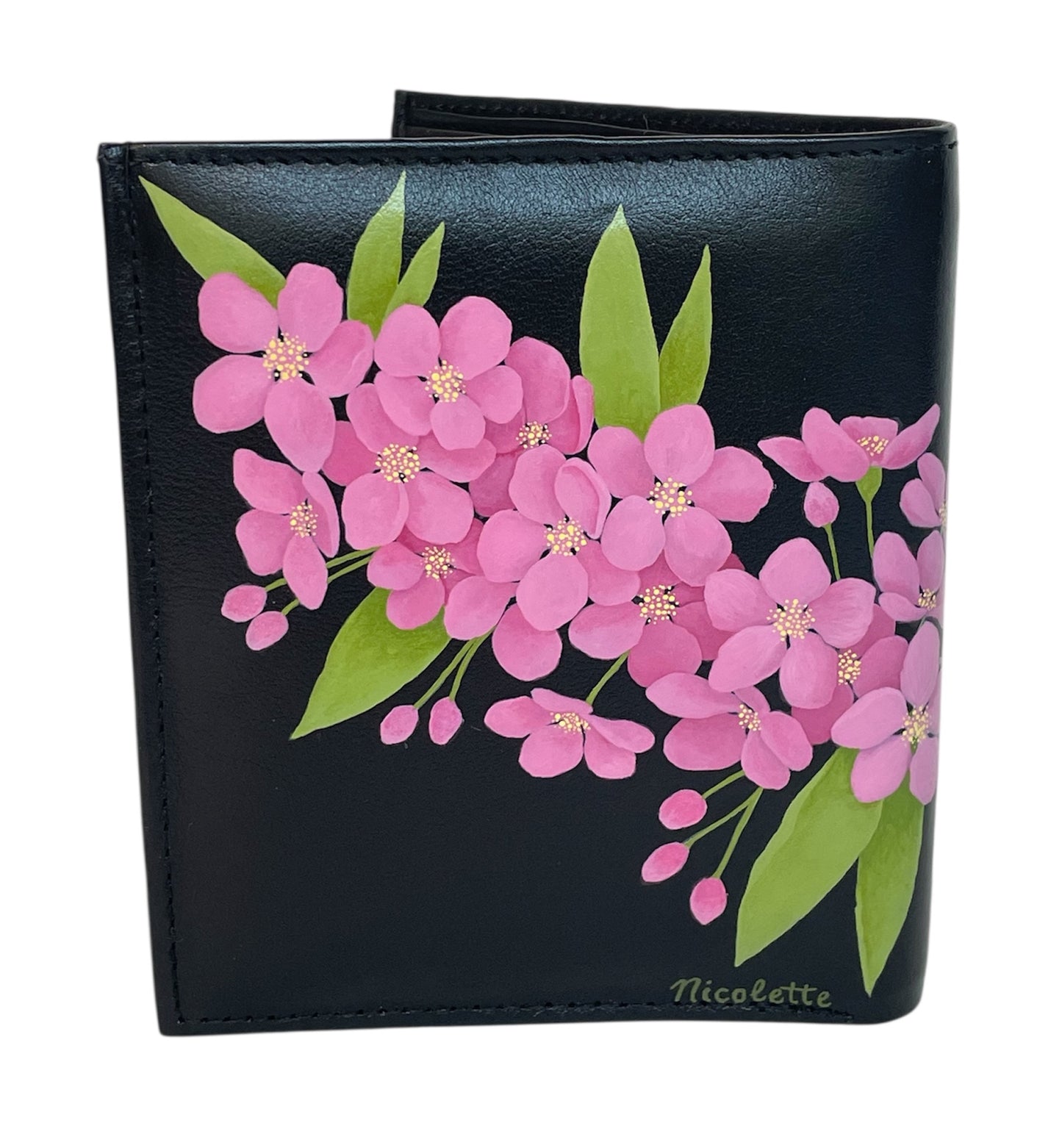 Black Leather Tall Bi-Fold Wallet- "Pink Thunderchild Crabapple Blossoms"