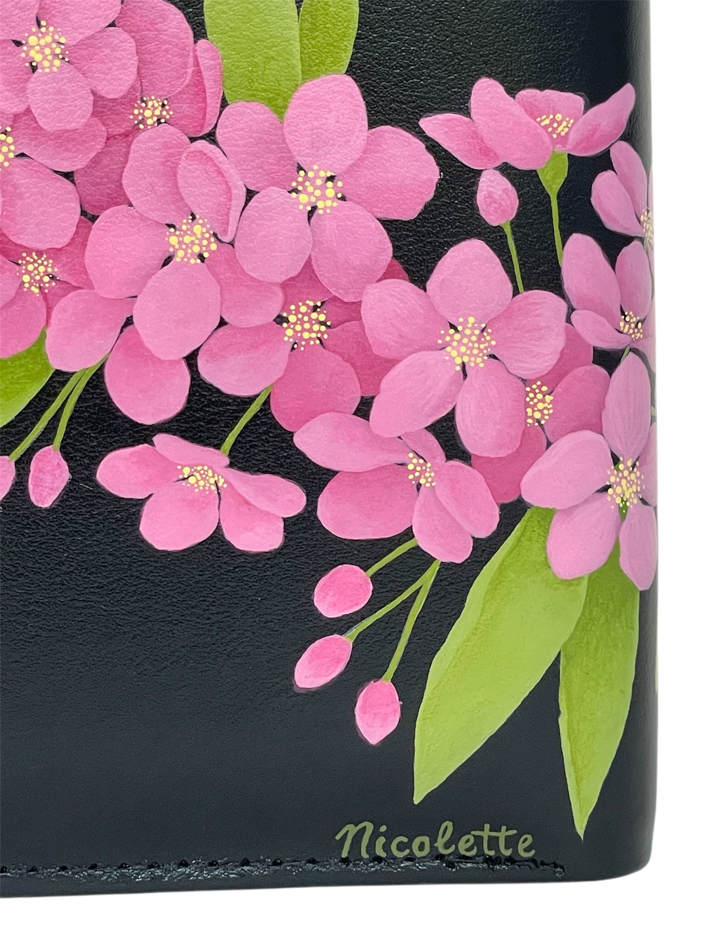 Black Leather Tall Bi-Fold Wallet- "Pink Thunderchild Crabapple Blossoms"