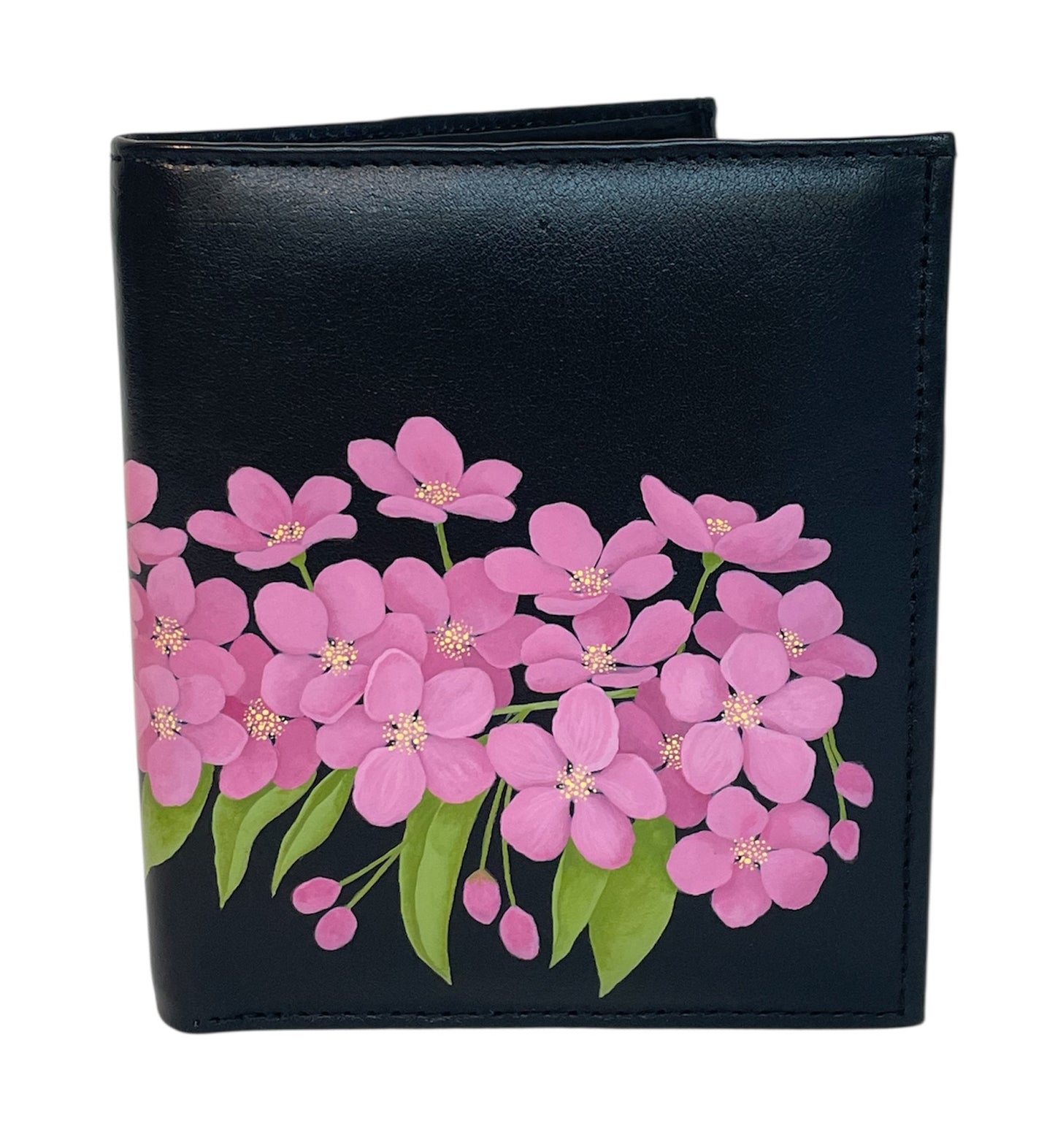 Black Leather Tall Bi-Fold Wallet- "Pink Thunderchild Crabapple Blossoms"