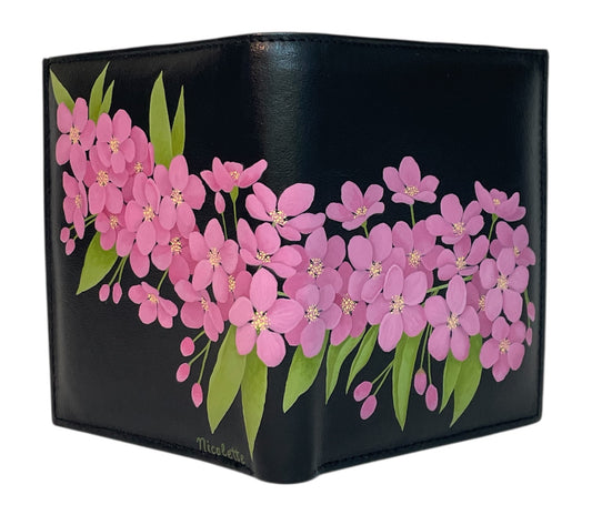 Black Leather Tall Bi-Fold Wallet- "Pink Thunderchild Crabapple Blossoms"