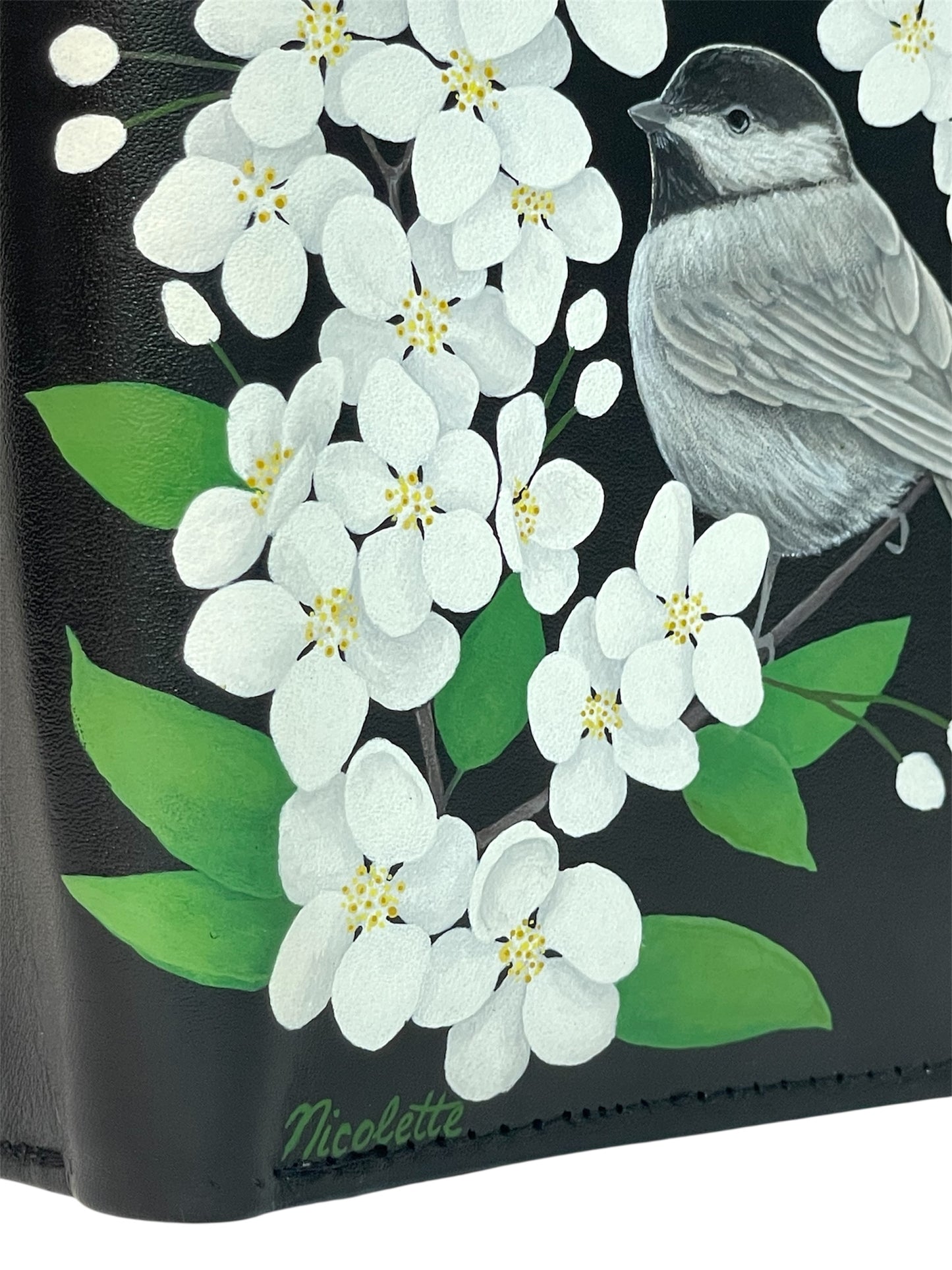Black Leather Bi-Fold Wallet- "Chickadee Perched in Thunderchild Crabapple Blossoms"