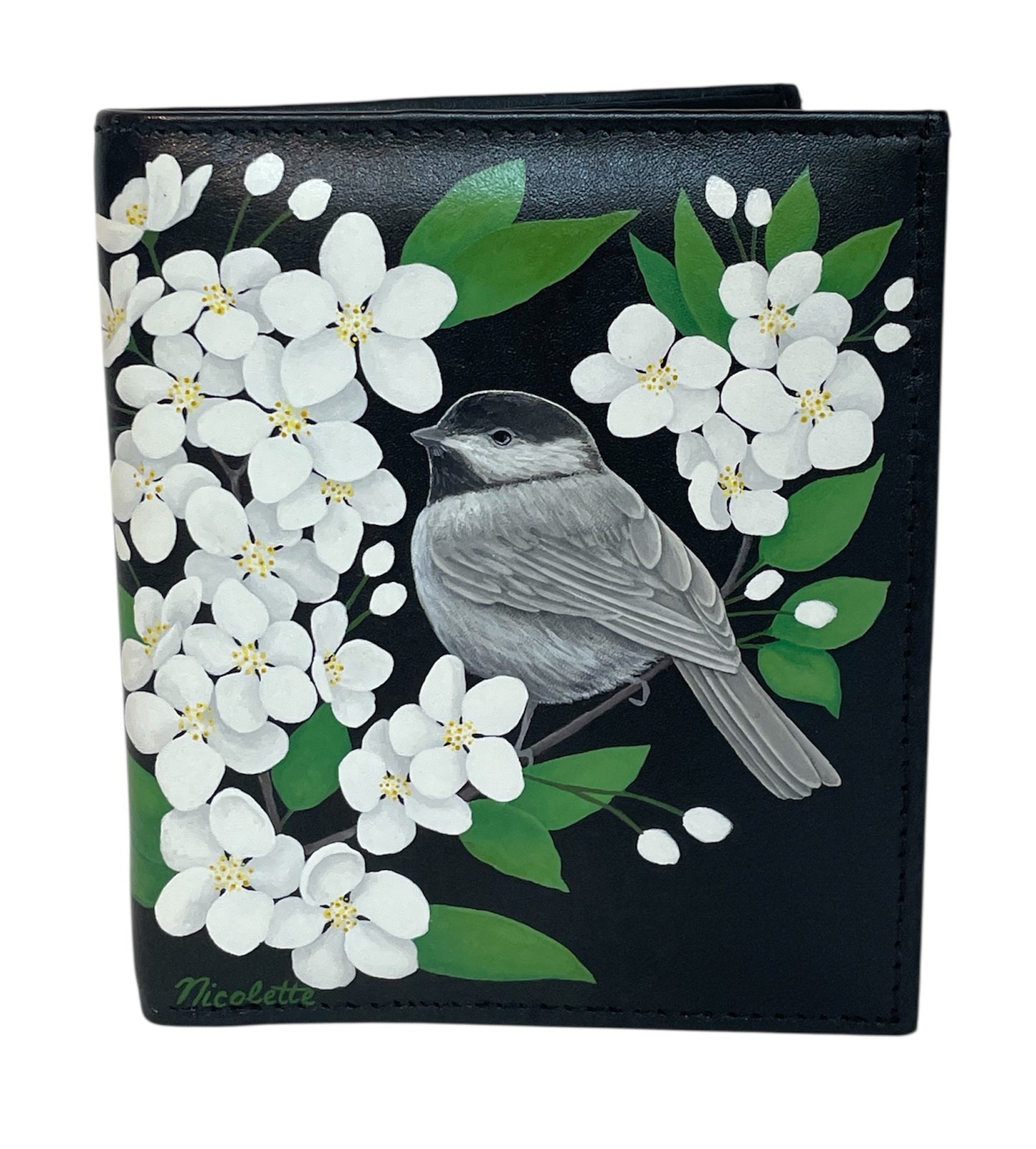 Black Leather Bi-Fold Wallet- "Chickadee Perched in Thunderchild Crabapple Blossoms"