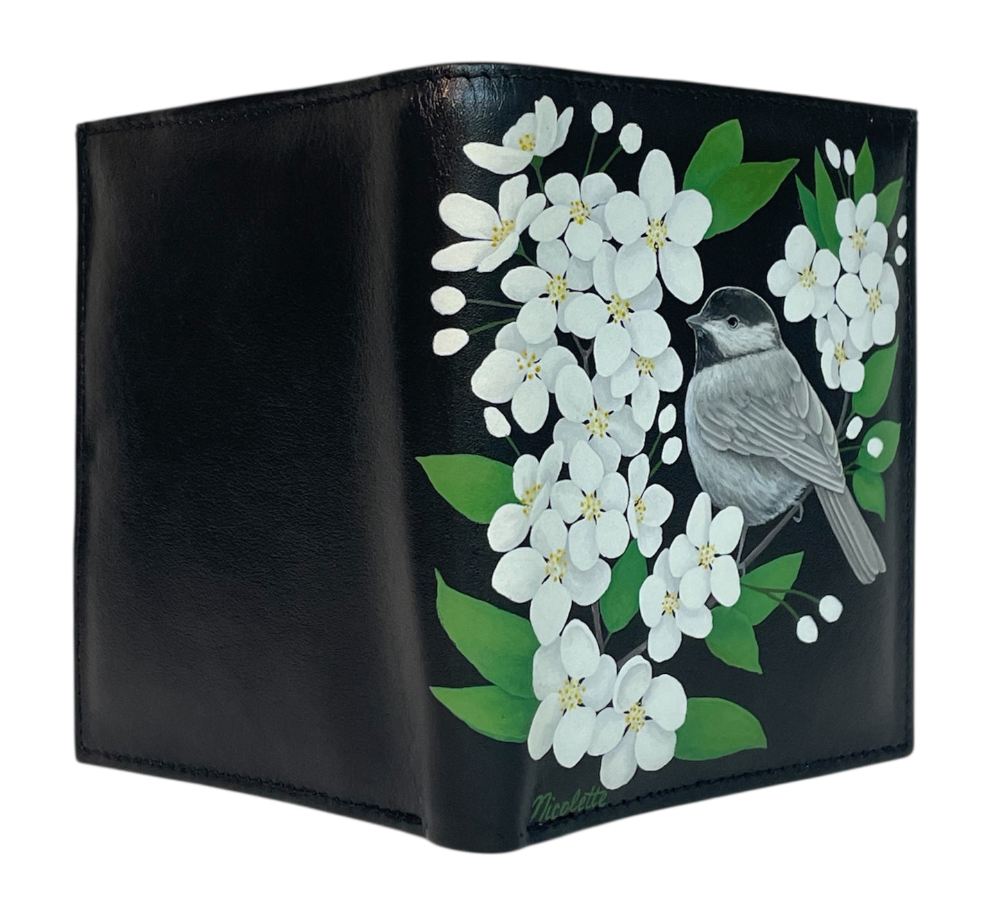 Black Leather Bi-Fold Wallet- "Chickadee Perched in Thunderchild Crabapple Blossoms"