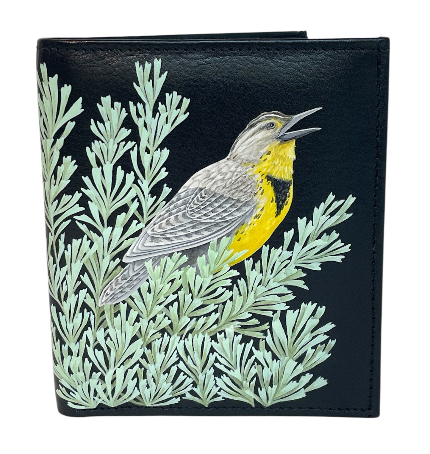 Black Leather Bi-Fold Wallet- "Meadowlark Perched in Sagebrush"