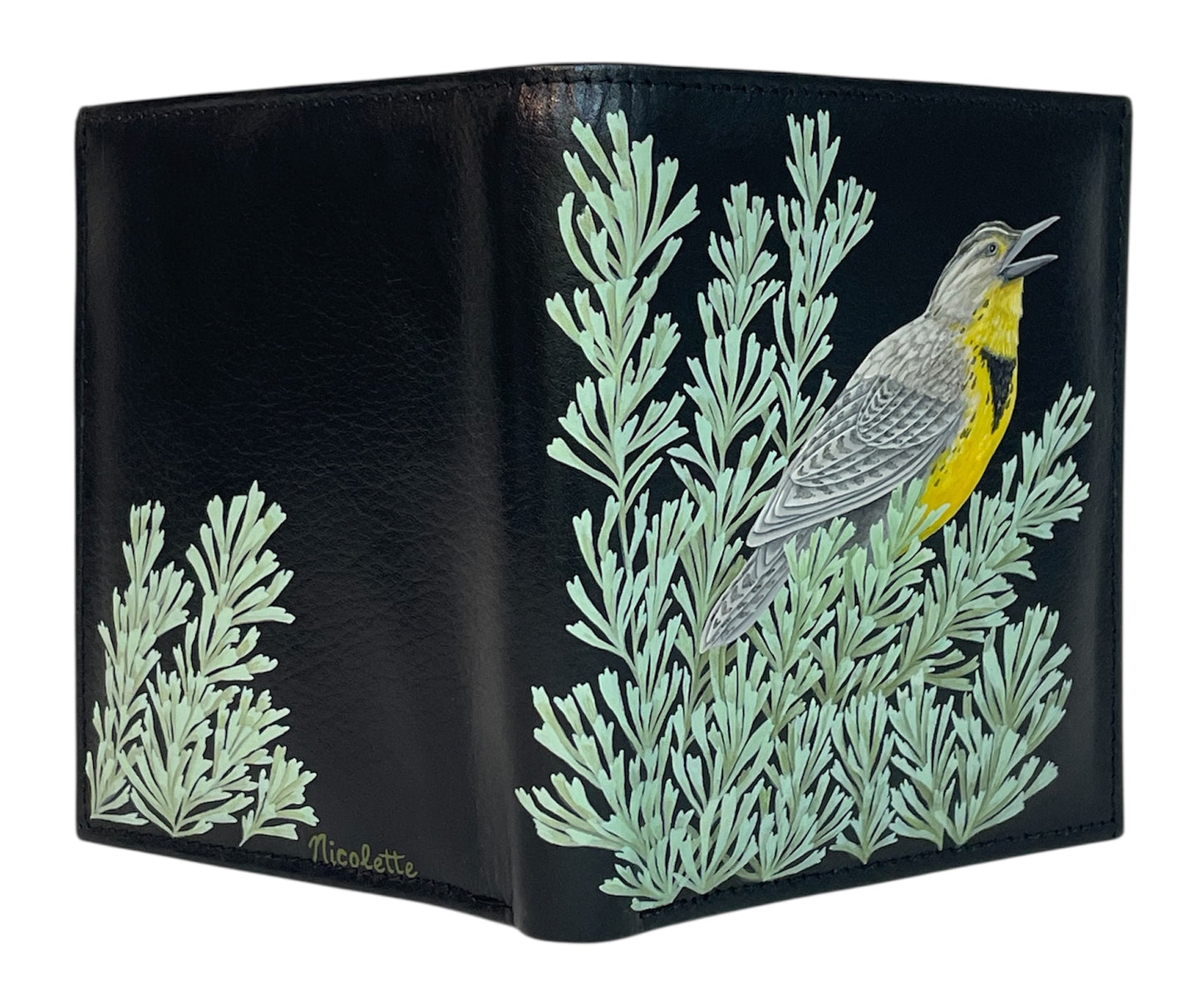 Black Leather Bi-Fold Wallet- "Meadowlark Perched in Sagebrush"