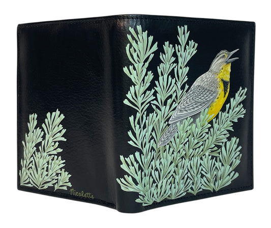 Black Leather Bi-Fold Wallet- "Meadowlark Perched in Sagebrush"