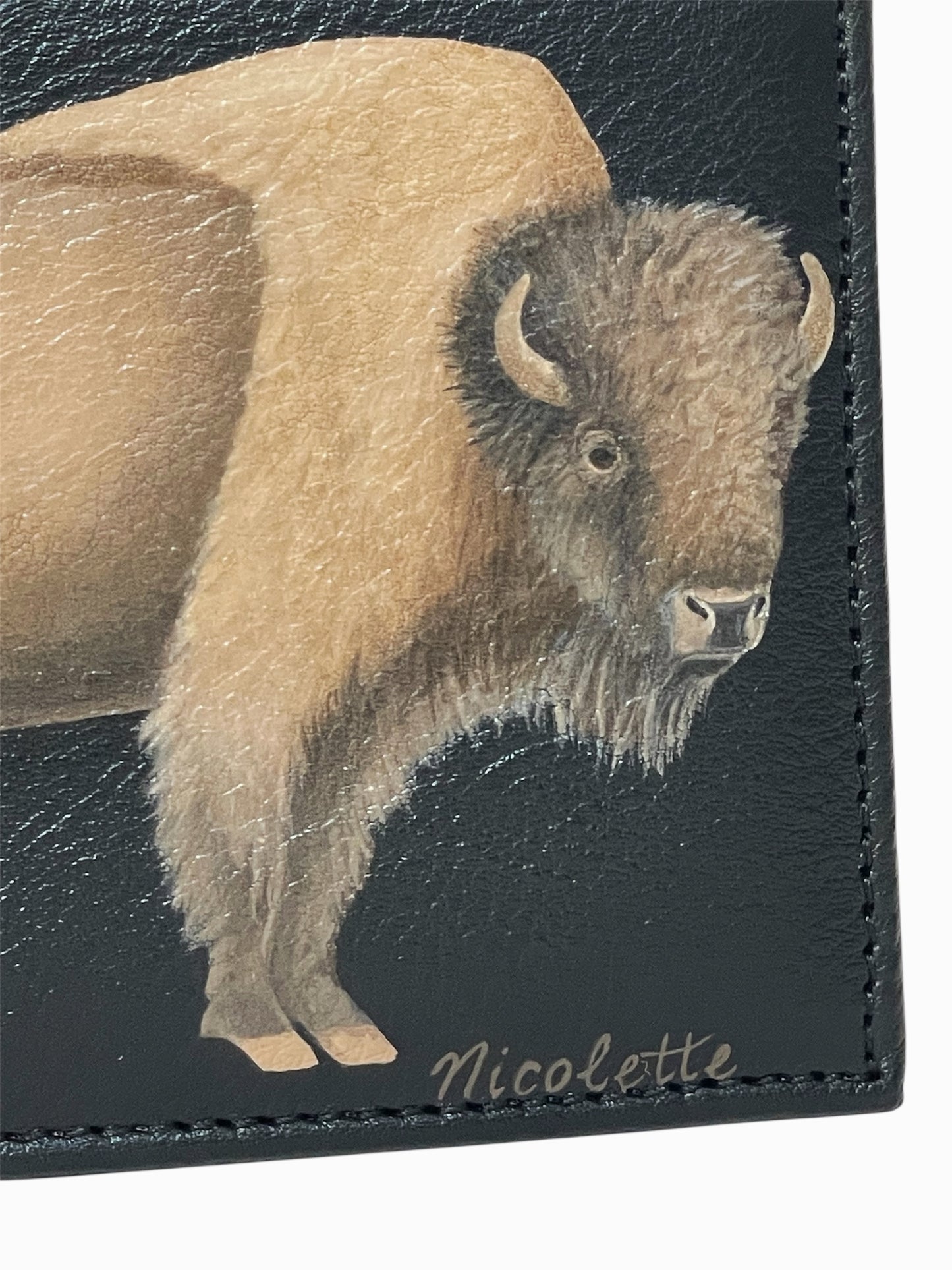 Black Leather Bi-Fold Wallet- "Lone Bison"