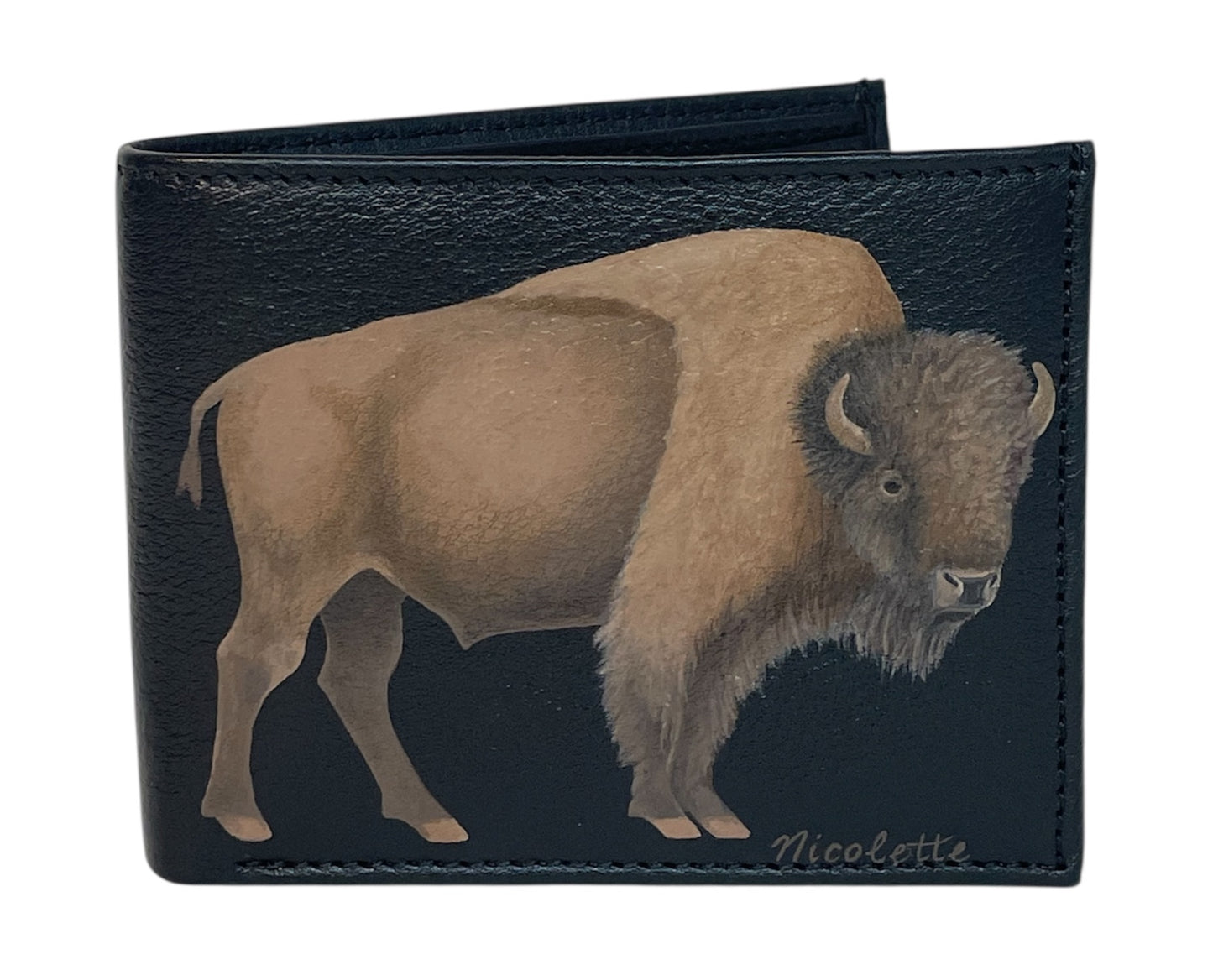 Black Leather Bi-Fold Wallet- "Lone Bison"