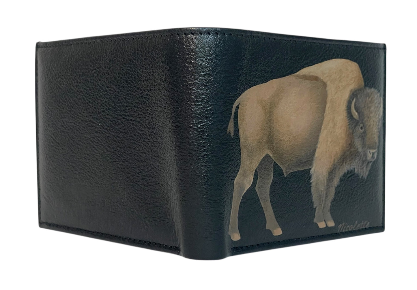 Black Leather Bi-Fold Wallet- "Lone Bison"