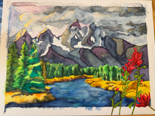 Watercolor Print- "Neon Storm" Mountain Landscape