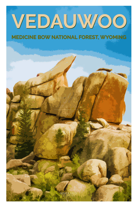 Vedauwoo, Medicine Bow National Forest Poster Photographer: Allison Pluda  Vedawuoo, Medicine Bow National Forest  12" x 18" High Quality Poster Art Print - Original Artwork  Special edition line of premium high quality poster prints features the iconic “Nautilus” rock formation at Vedauwoo  Part of Medicine Bow National Forest just outside of Laramie, Wyoming  This original graphic art is a rendition of a photograph from professional photographer and graphic artist Allison Pluda / Seneca Creek Studios