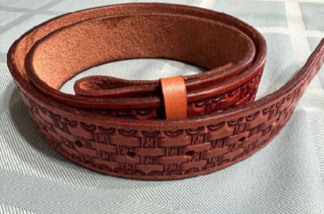 36" leather belt with basket stamp and small bucking horse and rider stamped in between
