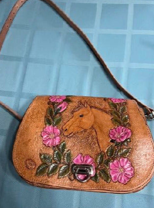 leather hand tooled purse with horse head and flowers