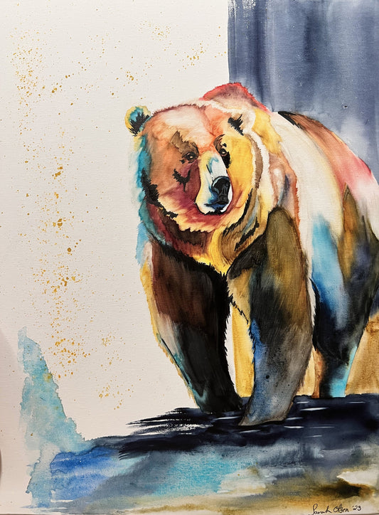 " Bear to the Right " Watercolor Print Artist: Sarah Olsen From an original watercolor painting  Bear walking in the water  Dated and hand signed by the artist  Matted in a black matting  12" long x 16" high print  16" long x 20" high matted  Ready for a frame
