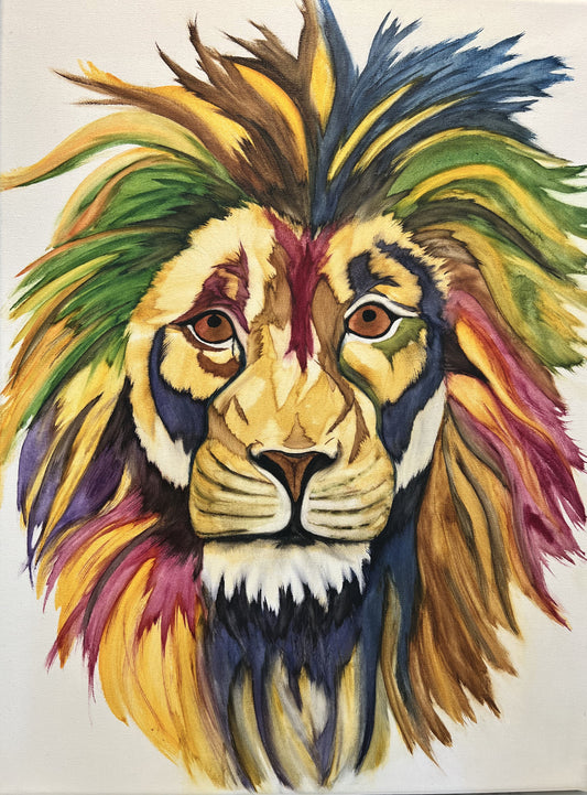 very colorful lion head. all colors of the rainbow in the wild mane of the lion.