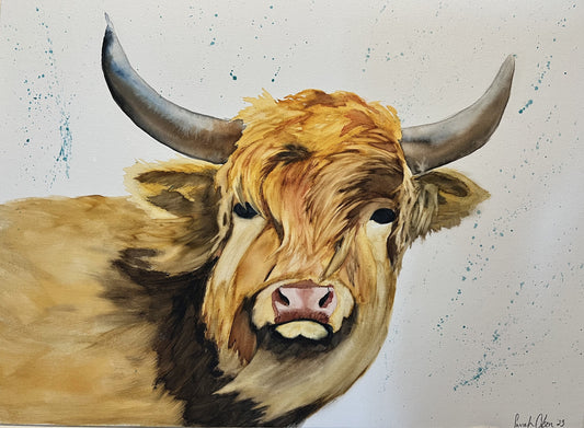 Cute brown Highland steer looking a little wind swept. watercolor painting
