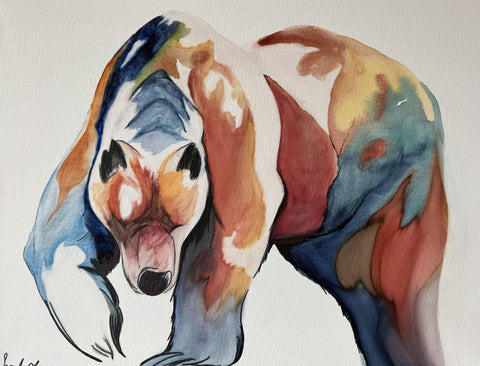 multi-colored bear walking. from an original watercolor painting