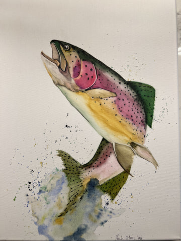 Rainbow trout coming out of the water. from a watercolor painting