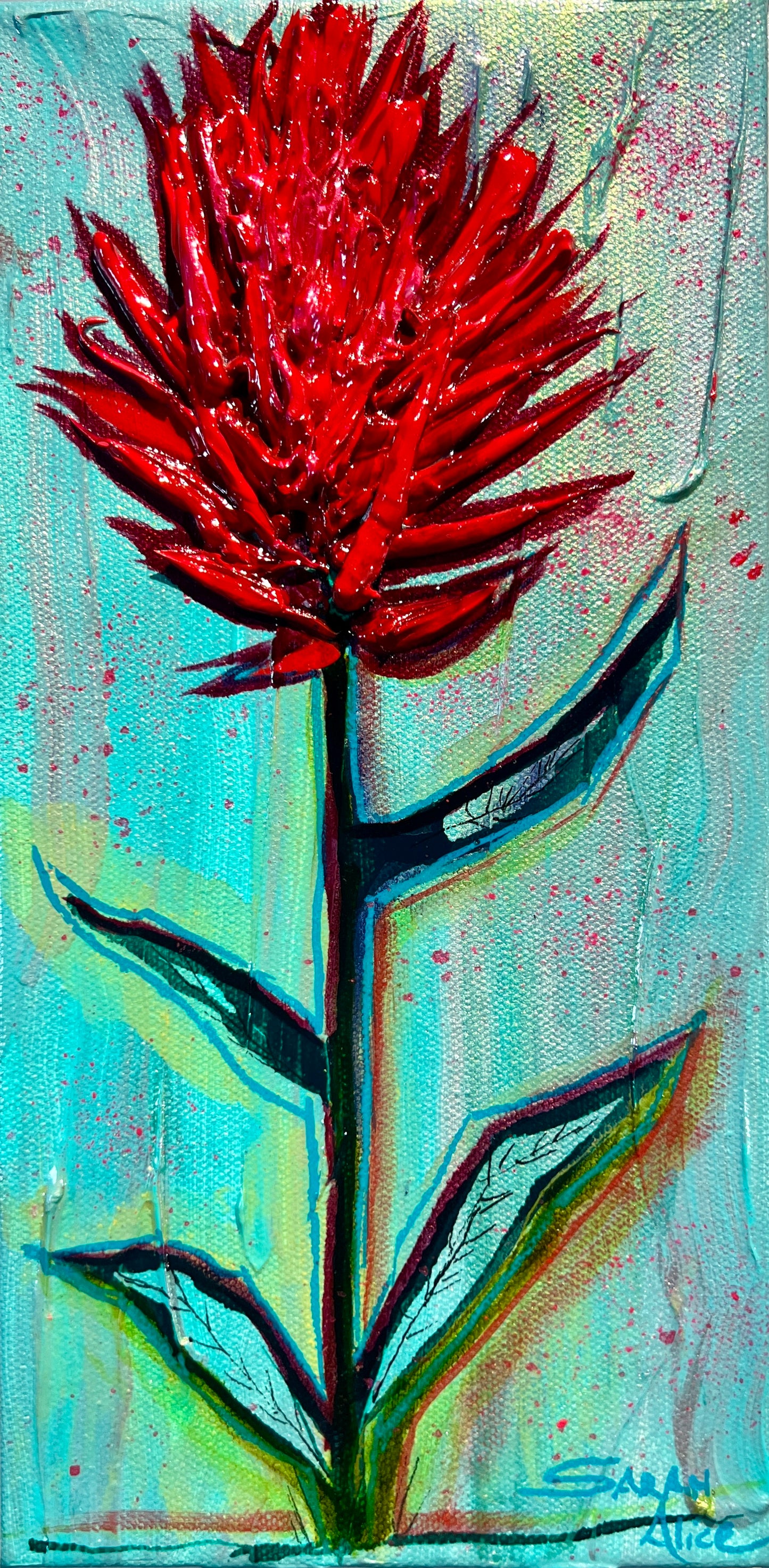 <h1>" Azure Bloom " Indian Paintbrush Original Textured Painting</h1> <h1>Original Painting</h1> <h2>Artist:&nbsp;Sarah Alice Art<br></h2> <p>Original Textured Painting</p> <p>Vertical painting</p> <p>Canvas wrapped on wooden frame</p> <p>Teal green background with one Indian Paintbrush flower</p> <p>Textured flower <br></p> <p>Hand drawn leaves and stem<br></p> <p>Acrylic and ink<br></p> <p>Wire attached for hanging<br></p> <p>6" Long x 12" high x 1.5" wide</p>