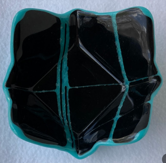 " Black, striped Teal " Fused Glass Dish
