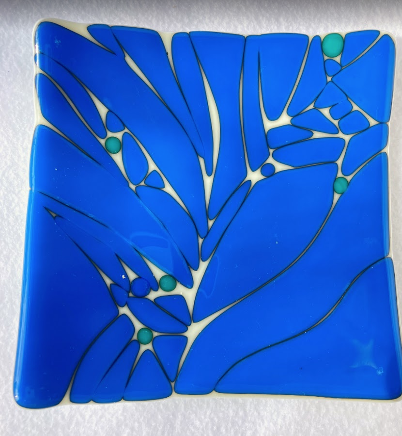 " Cream with Blue Dots " Fused Glass Dish