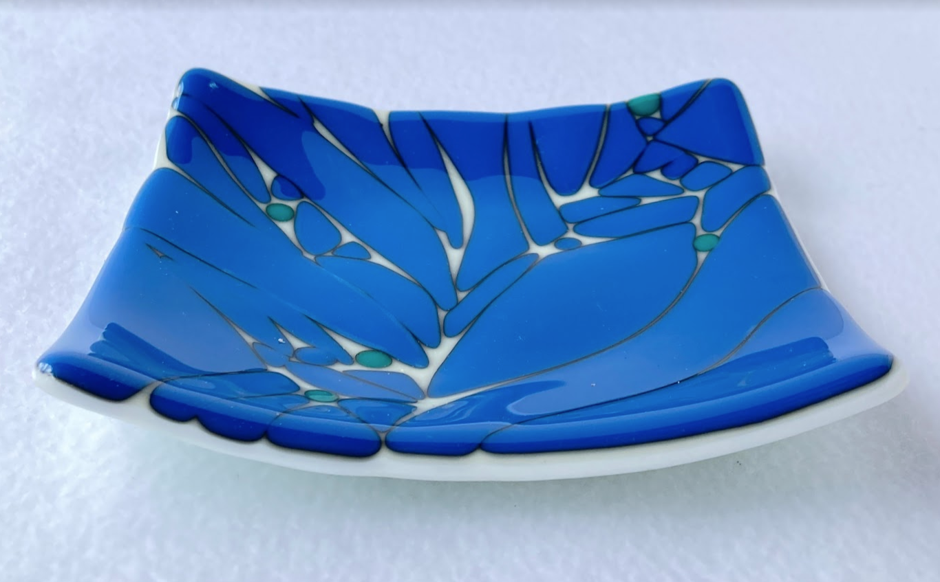 " Cream with Blue Dots " Fused Glass Dish