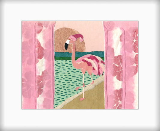 " Flamingo Sunset " Snow Bird Paper Collage Art