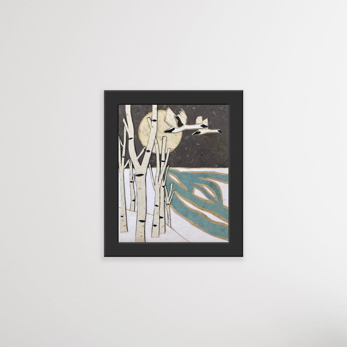 Paper Collage Print- "Snowy Night Swan Flight "