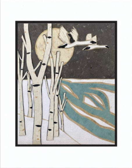 Paper Collage Print- "Snowy Night Swan Flight "