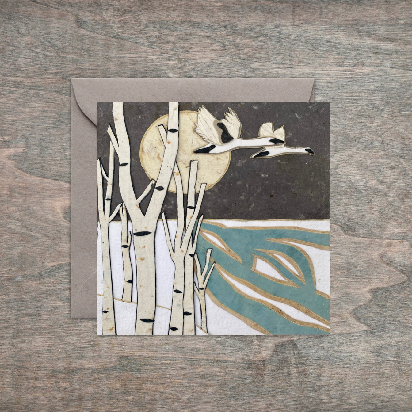 Paper Collage Print- "Snowy Night Swan Flight "