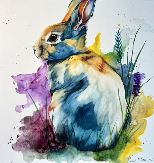 " Rabbit in Wildflowers " Watercolor Print Artist: Sarah Olsen Print from an Original Watercolor Painting  Rabbit sitting in the wilflowers  Very colorful  Choose From:  Print  12" long x 12" high print  Hand signed by the artist  Stiff cardboard backing and in a plastic sleeve for added protection  Ready for a frame