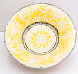 Hand Thrown Stoneware Pottery  Large  Hand Carved serving bowl  Featuring pollinating bees and bright yellow flowers  12 1/2" across x 3" high  A perfect serving dish that will decorate any table during meals