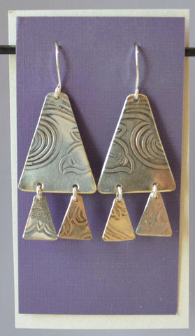 Embossed floral and spiral silver plate triangle with triangle dangles  2" long x 1" wide  Sterling Silver ear wires