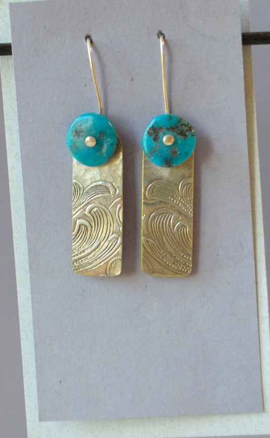 Turquoise wafer floats on hammered and embossed recycled floral silver plate  1 1/2" long x 3/8" wide  Sterling Silver ear wires