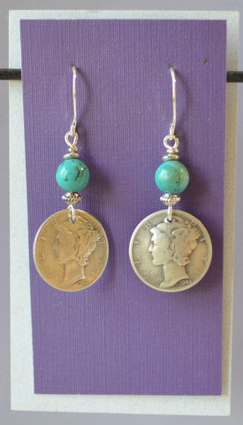 Domed 1944 Vintage Mercury silver dimes with turquoise balls above  1 1/8" long x 1/2" wide  Sterling Silver ear wires