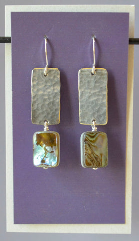 Paua shell rectangles hang below recycled hammered silver plate edging  1 3/8" long x 3/8" wide  Sterling Silver ear wires