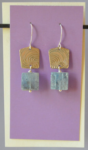 Square Sage Kyanite stones hang below square recycled embossed silver plate edging  1" long x 3/8" wide  Sterling Silver ear wires
