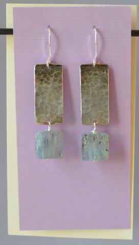 Square Sage Kyanite stones hang below recycled patina hammered silver plate  1 5/8" long x 3/8" wide  Sterling Silver ear wires