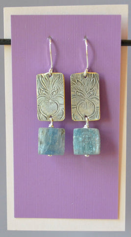 Square Sage Kyanite stones hang below recycled orchid flower embossed silver plate  2 1/2" long x 1/2" wide  Sterling Silver ear wires