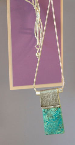 Chrysocolla Rectangle Stone Hammered Silver Plate Necklace