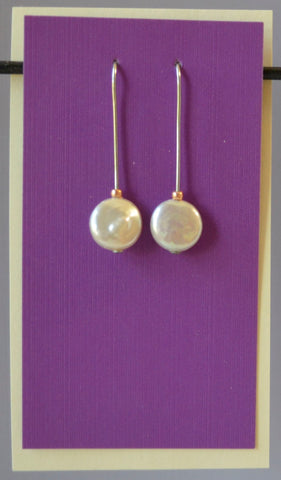 Fresh water round coin pearls with copper glass bead on short wires  1 1/4" long x 3/8" wide  Sterling Silver ear wires