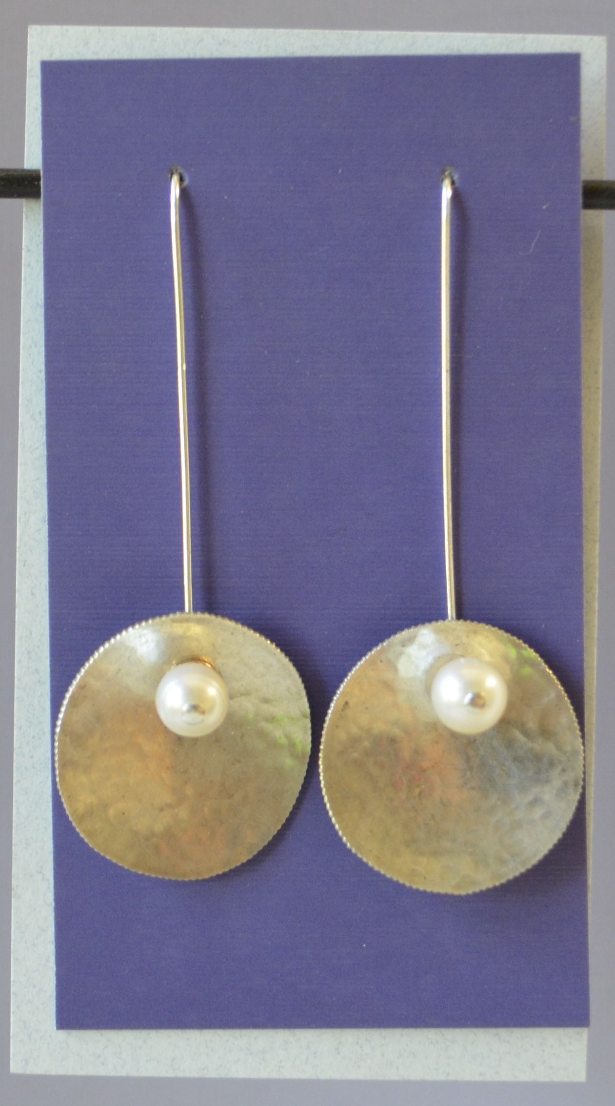 Rolled, hammered and domed Roosevelt Silver Dimes  Fresh water seed pearls with copper disk  2 3/8" long x 1" wide  Long Sterling Silver ear wires