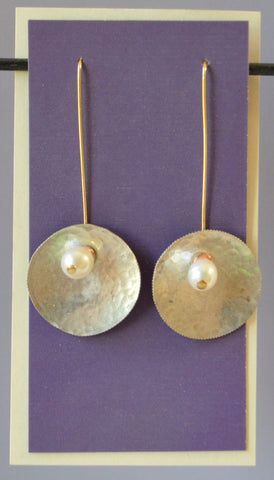 Rolled, hammered and domed Roosevelt Silver Dimes  Fresh water seed pearls with copper disk  2 3/8" long x 1" wide  Long Gold Plate ear wires