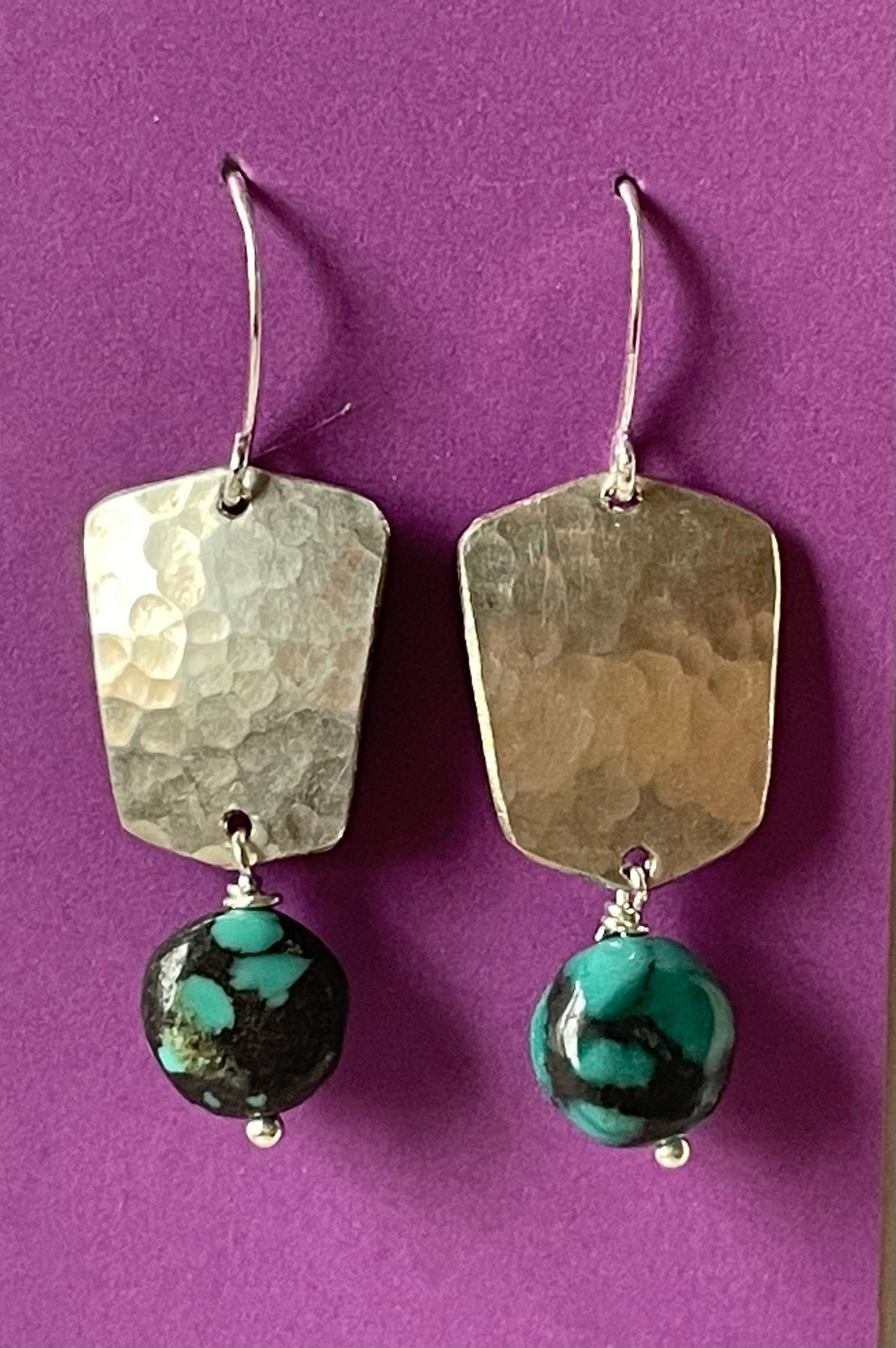Pillow Turquoise Stones on Hammered Silver Plate "Shields" with Sterling Silver Wires