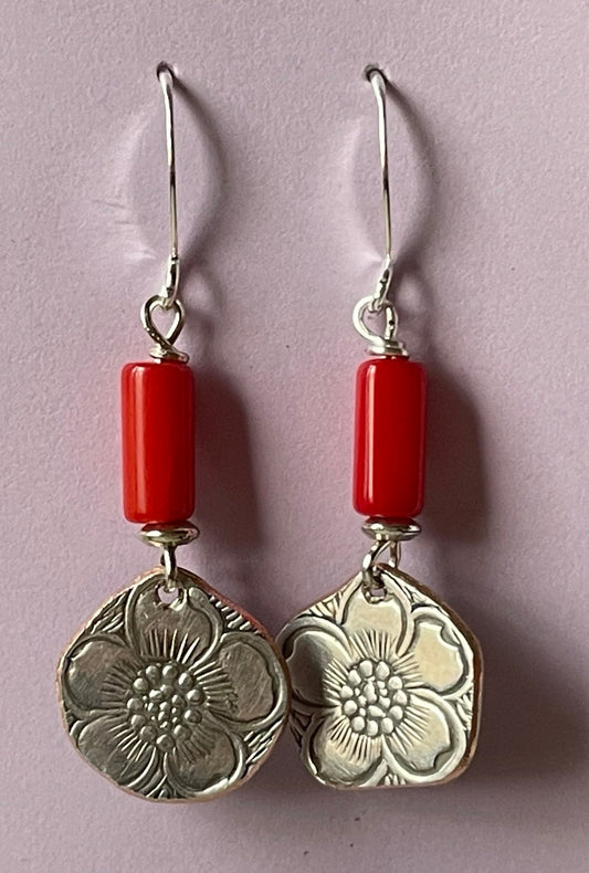 Red Coal Tubes  on Embossed Silver Plate Flowers with Sterling Silver wire
